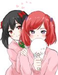  2girls alternate_hairstyle black_hair blush bow hair_bobbles hair_ornament hand_on_another&#039;s_shoulder heart kento1102 love_live!_school_idol_project mirror multiple_girls nishikino_maki red_eyes redhead short_hair smile translated twintails violet_eyes yazawa_nico 