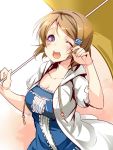  1girl ajishio breasts brown_hair cleavage dress hair_ornament hairclip jacket koizumi_hanayo love_live!_school_idol_project one_eye_closed open_clothes open_jacket short_hair solo umbrella violet_eyes wiping_eyes 