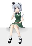  1girl :o blue_eyes bobby_socks bowtie dango food hair_ribbon hairband kaka_(kirby126) konpaku_youmu konpaku_youmu_(ghost) mary_janes puffy_short_sleeves puffy_sleeves ribbon shoes short_hair short_sleeves silver_hair simple_background sitting skirt skirt_set socks solo toothpick touhou vest wagashi white_background 