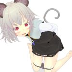  1girl animal_ears arms_behind_back barefoot blush capelet commentary_request dress gem grey_dress grey_hair grey_panties hand_under_clothes hand_under_skirt highres ishikkoro jewelry kneeling long_sleeves mouse_ears mouse_tail nazrin necklace open_mouth panties panty_pull pendant pink_eyes shirt simple_background solo tail touhou underwear white_background 