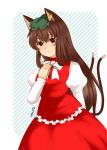  1girl alternate_hair_length alternate_hairstyle animal_ears bow brown_eyes brown_hair cat_ears chen dress earrings green_hat gurashimeji hand_on_own_chest jewelry long_hair long_sleeves looking_at_viewer multiple_tails older puffy_sleeves red_dress smile striped striped_background tail touhou two_tails vest 