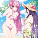  2girls aqua_eyes beach bikini black_hair breasts crossed_arms flower fujikonbu green_eyes hair_flower hair_ornament hat highres kido_saori long_hair multiple_girls ocean pandora_(saint_seiya) profile purple_hair saint_seiya straw_hat striped striped_bikini striped_swimsuit swimsuit 