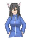  1girl :p animal_ears black_hair character_request green_eyes hands_on_hips kazedesune long_hair looking_at_viewer original simple_background smile solo tongue tongue_out white_background 