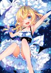  1girl ;d adapted_costume armpits blonde_hair blue_eyes blush bow braid hair_bow hat highres kirisame_marisa long_hair looking_at_viewer moru one_eye_closed open_mouth outstretched_arm single_braid smile solo star touhou witch_hat 