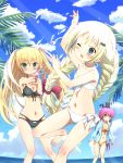  3girls :o animal_on_head barefoot beach bikini blonde_hair blue_eyes blush bow braid breasts cat cat_on_head cleavage clouds fang feet flat_chest futaki_kanata green_eyes hair_bow hair_ornament hair_ribbon hairclip highres legs little_busters!! long_hair lou_(artist) multiple_girls noumi_kudryavka ocean one_eye_closed open_mouth pink_hair ribbon side-tie_bikini sky smile swimsuit tokido_saya twin_braids twintails water water_gun yellow_eyes 