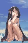  1girl barefoot black_hair blue_panties blue_sky brown_eyes dated dress hand_to_own_mouth knees_on_chest long_hair original panties payot sailor_collar sailor_dress sitting sky solo toro underwear very_long_hair white_dress 