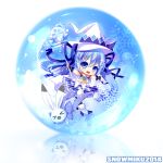  1girl :d blue_eyes blue_hair character_name chibi grandia_(artist) hair_ornament hair_ribbon hat hatsune_miku holding long_hair looking_at_viewer magical_girl musical_note open_mouth reflection ribbon signature smile snowflakes staff twintails vocaloid witch_hat yuki_miku 