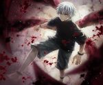  1boy angel31424 barefoot black_eyes black_nails blood bloody_clothes cuffs frown heterochromia kaneki_ken red_eyes shackles short_hair solo spoilers tentacles tokyo_ghoul torn_clothes white_hair 