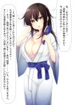  1girl adjusting_hair baretto blush breasts brown_eyes brown_hair brush cleavage hair_down japanese_clothes kaga_(kantai_collection) kantai_collection large_breasts long_hair no_bra solo translated white_background 