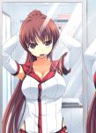  1girl adjusting_hair breasts brown_eyes brown_hair cleavage detached_sleeves highres kantai_collection large_breasts long_hair mirror mouth_hold ponytail reflection skirt solo srwsrx_(gp03dsrx) very_long_hair yamato_(kantai_collection) 