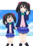  1girl \m/ black_hair bow dual_persona hair_bow holding_hands looking_at_viewer love_live!_school_idol_project miyako_hito open_mouth red_eyes school_uniform short_hair skirt smile twintails yazawa_nico |_| 