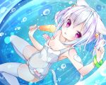  1girl :p animal_ears bracelet cat_ears cat_tail chico152 dutch_angle jewelry original pink_eyes pointing pointing_up popsicle school_swimsuit short_hair short_twintails slit_pupils small_breasts solo strap_slip swimsuit tail thigh-highs tongue tongue_out twintails water white_legwear white_school_swimsuit white_swimsuit 