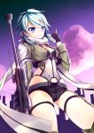  1girl absurdres anti-materiel_rifle aoi_kao_(lsz7106) blue_eyes blue_hair fingerless_gloves gloves gun highres rifle scarf shinon_(sao) short_hair sniper_rifle sword_art_online weapon 