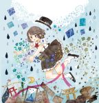  1girl album_cover bow brown_hair clam cover crescent cup droplet falling flower gap hair_bow hat headwear_removed hourglass onigiri_(ginseitou) ribbon short_hair skirt solo star suspenders teacup television torii touhou usami_renko 