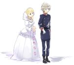  1boy 1girl aldnoah.zero asseylum_vers_allusia blonde_hair blue_eyes blush embarrassed formal gloves green_eyes highres mizuse_kotone silver_hair simple_background slaine_troyard uniform white_background white_gloves 