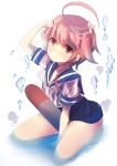  1girl absurdres ahoge between_legs hair_ornament highres i-58_(kantai_collection) kantai_collection looking_at_viewer neckerchief pimemomo pink_eyes pink_hair sailor_collar school_swimsuit school_uniform serafuku short_hair smile solo swimsuit swimsuit_under_clothes torpedo wading wet wet_clothes white_background 