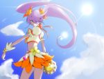  1girl choker clouds cloudy_sky cosplay cure_moonlight cure_sunshine cure_sunshine_(cosplay) gacchahero hair_over_one_eye hair_ribbon heartcatch_precure! lavender_hair long_hair looking_at_viewer magical_girl midriff precure ribbon skirt sky smile solo tsukikage_yuri twintails violet_eyes wrist_cuffs 