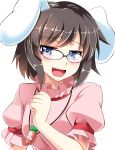  1girl :d animal_ears bespectacled blue_eyes blush brown_hair carrot_necklace come_hither dress e.o. glasses highres inaba_tewi open_mouth pink_dress rabbit_ears short_hair simple_background smile solo touhou white_background 