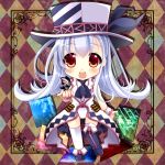  1girl :d ascot asymmetrical_legwear butterfly character_request checkered checkered_background chibi emil_chronicle_online hat long_hair looking_at_viewer open_mouth red_eyes silver_hair smile solo tagme yumemiya_subaru 