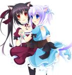  2girls :d animal_ears black_hair blue_dress blue_eyes bow cat_ears cat_tail choker collarbone corset dress frilled_dress frills hair_bow hair_ornament hair_ribbon holding_hands interlocked_fingers lavender_hair long_hair looking_at_viewer looking_back multiple_girls open_mouth original petticoat red_dress red_eyes ribbon ribbon_choker silver_hair smile tail thigh-highs twintails white_background white_legwear yumemiya_subaru 