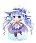  1girl :d blue_eyes blue_hair cape chibi hair_ornament hair_ribbon hat hatsune_miku highres holding long_hair looking_at_viewer magical_girl ninjinshiru open_mouth pleated_skirt ribbon simple_background skirt smile solo staff thighhighs twintails vocaloid white_background witch_hat wrist_cuffs yuki_miku 