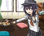  1girl akatsuki_(kantai_collection) anchor_symbol blush clenched_hand cushion flag hat kantai_collection long_hair long_sleeves looking_at_viewer neckerchief omelet open_mouth pleated_skirt pointing purple_hair rabochicken rising_sun sailor_collar school_uniform serafuku skirt solo table translated violet_eyes 