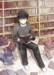  1boy angel31424 black_hair blouse book bookshelf closed_eyes kaneki_ken reading short_hair signature sitting smile solo sweater tokyo_ghoul 