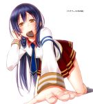  1girl all_fours blue_hair chocolate chocolate_heart heart long_hair love_live!_school_idol_project mouth_hold necktie noppi_(noppi_98) pleated_skirt school_uniform simple_background skirt solo sonoda_umi white_background yellow_eyes 