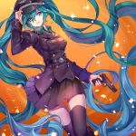  1girl adjusting_clothes adjusting_hat aqua_hair belt green_eyes gun handgun hat hatsune_miku highres long_hair military military_uniform monogo orange_background peaked_cap pistol skirt solo thigh-highs twintails uniform very_long_hair vocaloid weapon 