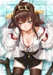  1girl ahoge black_skirt blush boots breasts brown_hair cleavage detached_sleeves from_above hairband headgear japanese_clothes kantai_collection kongou_(kantai_collection) long_hair looking_at_viewer simon_(n.s_craft) sitting skirt solo thigh-highs thigh_boots violet_eyes wariza 