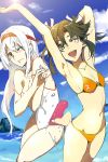  2girls ;d armpits arms_up bikini blush breasts brown_hair casual_one-piece_swimsuit cleavage hairband kantai_collection leg_up long_hair multiple_girls navel one-piece_swimsuit one_eye_closed open_mouth ruuto_(sorufu) sandals shoukaku_(kantai_collection) small_breasts smile splashing strap_slip swimsuit tears twintails wardrobe_malfunction white_hair white_swimsuit wince yellow_eyes zuikaku_(kantai_collection) 