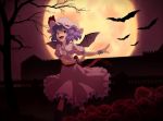  1girl bat bat_wings dress fang flower full_moon hat hat_ribbon mob_cap moon night open_mouth pink_dress pose puffy_short_sleeves puffy_sleeves red_eyes red_rose remilia_scarlet ribbon rose scarlet_devil_mansion shiratama_(hockey) short_sleeves sky smile solo touhou tree wings wrist_cuffs 