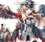  1girl armpits bare_shoulders bismarck_(kantai_collection) blonde_hair blue_eyes blush breasts detached_sleeves gloves grey_legwear hat kantai_collection large_breasts long_hair looking_at_viewer military military_hat military_uniform nikkunemu open_mouth peaked_cap solo thigh-highs uniform 