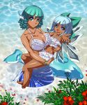  2girls blue_eyes blue_hair bow bracelet breasts cirno flower hair_bow head_fins highres holding jewelry large_breasts mermaid monster_girl multiple_girls open_mouth outstretched_arm outstretched_hand short_hair smile tan touhou umigarasu_(kitsune1963) wakasagihime wings 
