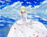  1girl aiming_at_viewer aldnoah.zero asseylum_vers_allusia blonde_hair clouds dress floating_hair formal green_eyes gun handgun jewelry necklace outdoors petals ririko_deluxe rose_petals sky solo weapon 