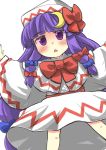  1girl blush bow cosplay gaoo_(frpjx283) hair_bow hat highres lily_white lily_white_(cosplay) patchouli_knowledge purple_hair solo touhou violet_eyes white_background 