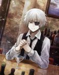  1boy angel31424 black_nails blouse bottle cup eyepatch frown grey_eyes kaneki_ken liquor looking_at_viewer necktie painting_(object) short_hair solo spoilers table tokyo_ghoul vest white_hair wine_glass 