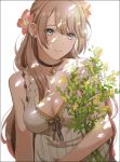  1girl blue_eyes breasts brown_hair cleavage dappled_sunlight dress earrings flower hair_flower hair_ornament hishi_(k-xaby) jewelry long_hair mole original simple_background solo white_background 