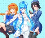  3girls :d ;) aoki_hagane_no_arpeggio arpeggio_of_blue_steel black_hair blue_eyes blue_hair braid brown_eyes brown_hair crossover d-frag! garter_straps girl_sandwich gloves hairband hat holding_hands kantai_collection looking_at_viewer multiple_girls nail_polish namesake oimari one_eye_closed open_mouth pantyhose ponytail red_eyes sandwiched school_uniform smile takao_(aoki_hagane_no_arpeggio) takao_(d-frag!) takao_(kantai_collection) thigh-highs 