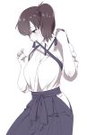  1girl brown_hair hakama_skirt kaga_(kantai_collection) kantai_collection mattaku_mousuke mouth_hold no_armor side_ponytail simple_background sitting solo tasuki tying white_background white_skin 