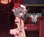  1girl bat_wings bed faceless faceless_male full_moon hat lipstick_tube looking_at_viewer mirror moon pillow pointy_ears red_eyes red_moon remilia_scarlet short_hair silver_hair touhou utakata_(kochou_no_yume) window wings wrist_cuffs 