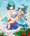  2girls blue_eyes blue_hair bow bracelet breasts cirno flower hair_bow head_fins highres holding jewelry large_breasts mermaid monster_girl multiple_girls open_mouth outstretched_arm outstretched_hand short_hair smile touhou umigarasu_(kitsune1963) wakasagihime wings 