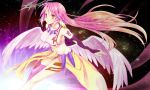  1girl angel_wings blush breasts feathered_wings jibril_(no_game_no_life) long_hair low_wings magic_circle midriff navel no_game_no_life pink_hair smile solo very_long_hair white_wings wings yellow_eyes 
