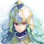  1girl armor athena_(p&amp;d) badominton bust frown green_hair helmet long_hair puzzle_&amp;_dragons red_eyes simple_background solo white_background 