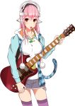  1girl blush breasts guitar headphones highres hoodie instrument long_hair looking_at_viewer mouth_hold nitroplus pink_hair pom_pom_(clothes) red_eyes s_sasaki_09140 smile solo super_sonico 