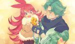  1boy 1girl closed_eyes fingerless_gloves flaky flippy gloves green_hair grin happy_tree_friends kaboom-chuck long_hair open_mouth redhead scarf short_hair smile very_long_hair 