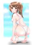  1girl ass barefoot brown_eyes brown_hair competition_swimsuit long_hair one-piece_swimsuit original ponytail reiji-sss squatting swimsuit 