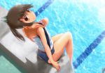  1girl asahi_(ge_nyu) brown_eyes brown_hair from_above from_behind highres i-401_(kantai_collection) kantai_collection looking_at_viewer ponytail pool sailor_collar school_swimsuit short_hair short_ponytail smile soaking_feet solo swimsuit swimsuit_under_clothes tan water wet 