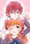  1boy 1girl blazer bow cheek_pinching cheek_pull gekkan_shoujo_nozaki-kun hair_bow mikoshiba_mikoto open_mouth orange_hair pinching polka_dot_bow purimo_(xxxmofmof) red_eyes redhead sakura_chiyo school_uniform violet_eyes wavy_mouth 