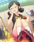  1girl :d ^_^ armband artist_request black_hair bottle closed_eyes glasses guitar guitar_case hair_ornament hairclip idolmaster idolmaster_cinderella_girls instrument instrument_case official_art open_mouth saejima_kiyomi smile water_bottle wiping_face 